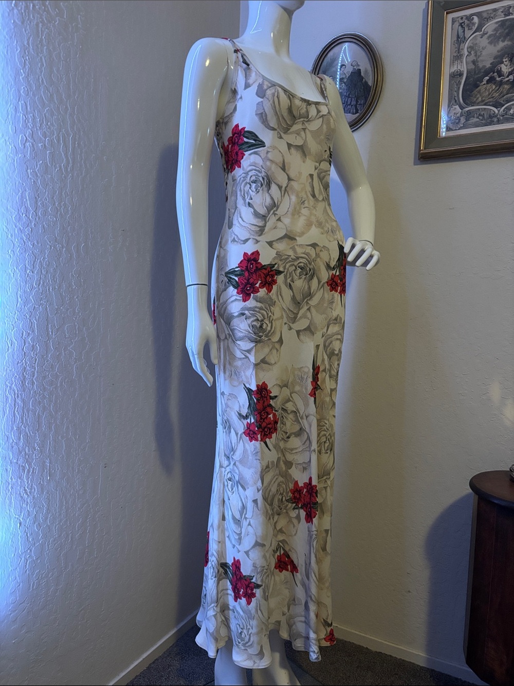 Nostalgia Ivory Slip Maxi Dress with Red Floral Accents
